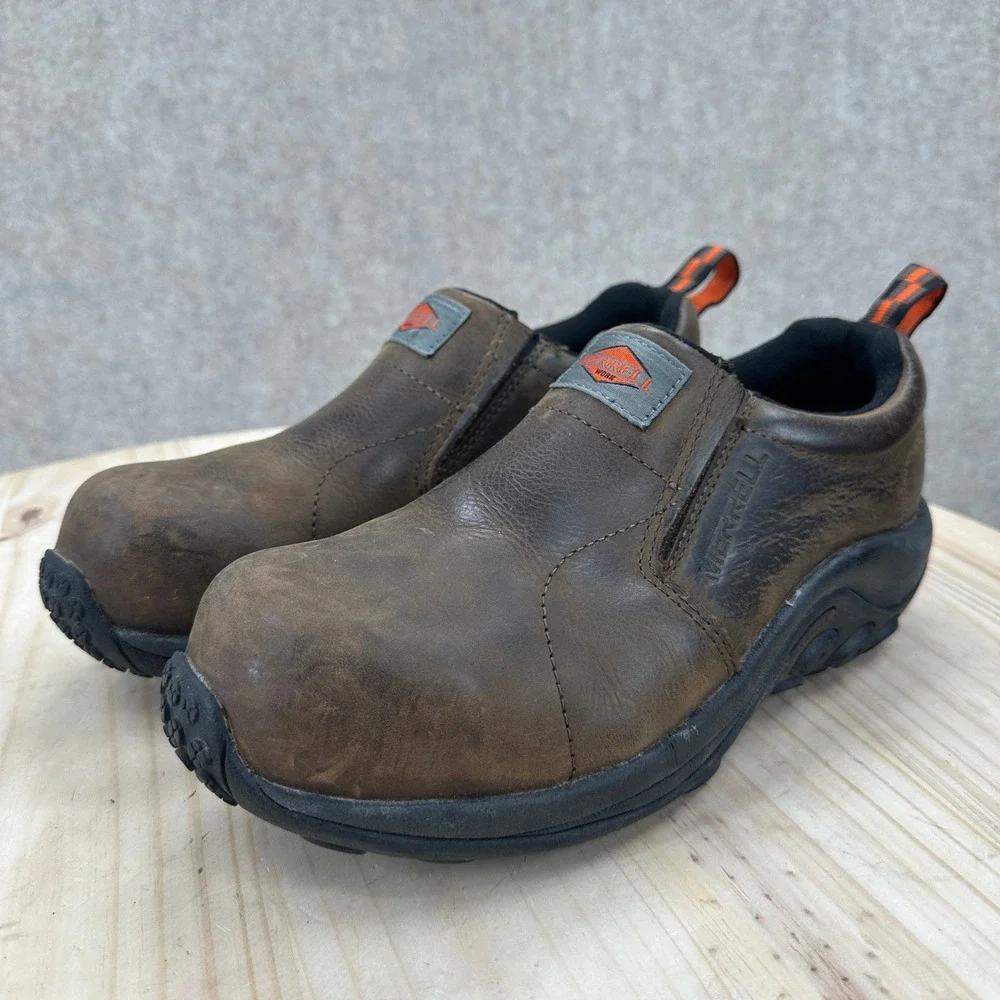 Merrell Jungle Moc Work Shoes Mens 7 Brown Leather Composite Toe Slip On